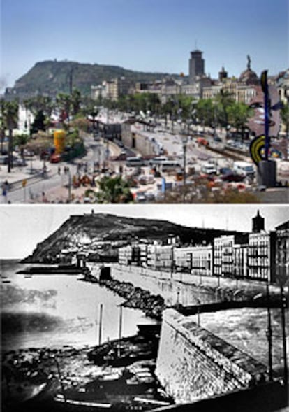 Obras de reforma del Moll de la Fusta y el paseo de Colom. Abajo, tal como era en 1860.