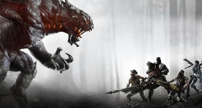'Concept art' del 'Evolve' que muestra a cazadores y bestia de este videojuego.