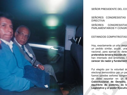 Pedro Castillo es trasladado al penal. A la derecha, copia del discurso.