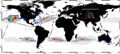 Plastic concentration in grams per square kilometer.