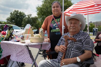 Alonso Escamilla and his daughter pictured at the NewYorkTlan festival – an annual celebration of migrant communities, made up of Indigenous peoples from Mexico and Central America – on August 11, 2024.