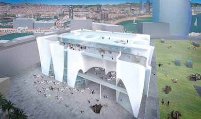 Vista posterior del proyecto de Ito para el Hermitage de Barcelona, con el litoral de Barcelona detrás.