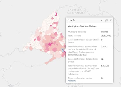 Mapa de la Comunidad de Madrid con la última información epidemiológica de Tielmes disponible este miércoles 26 de agosto por la tarde.