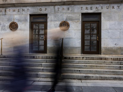 The exterior of the U.S. Department of Treasury building is seen on March 13, 2023, in Washington, DC.