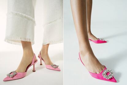 A la izquierda, zapatos joya de Uterqüe (99 euros). A la derecha, la versión de Zara (49,95 euros).
