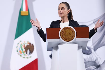 Claudia Sheinbaum en conferencia de prensa, este miércoles en Palacio Nacional.