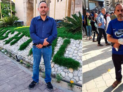El palestino Riad Eshkumat, que perdió a su esposa y a cuatro hijos en un bombardeo israelí, en un imagen del 21 de mayo de 2021 (derecha) y en otra un año después.
