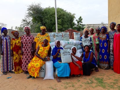 Algunas de las mujeres de la asociación Diam Bougoum de Faoye, Senegal, posan junto a los sacos de sal que acaban de empaquetar. Ellas han encontrado en las salinas que rodean su pueblo un medio para generar ingresos.