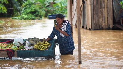 Una mujer junto a varias cajas de frutas en la localidad boliviana de Cobija, el pasado 1 de marzo, después de que se desbordara el río Ta Huamanu.