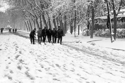 Un grupo de operarios municipales limpiando uno de los paseos del parque del Retiro tras la intensa nevada caída en la capital en marzo de 1971. Es uno de los temporales que más se recuerdan, tanto por el espesor acumulado como, sobre todo, por la duración, ya que nevó sin parar durante 24 horas.