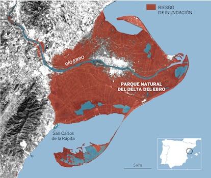 Delta del Ebro. Zonas en riesgo de inundación en 2050 si las emisiones de efecto invernadero crecen como hasta ahora y hay un nivel de deshielo alto.