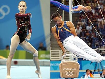 Patricia Moreno, durante su ejercicio de suelo, en el que logró el bronce, y Rafael Martínez, en su actuación sobre el caballo con arcos.