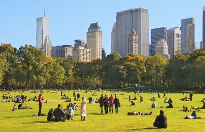 Ciudadanos sentados en el c&eacute;sped del Central Park, en Manhattan.
