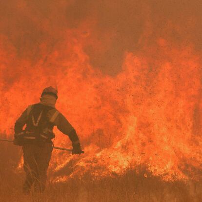 A firefighter operates at the site of a wildfire in Pumarejo de Tera near Zamora, northern Spain, on June 18, 2022. - Firefighters continued to fight against multiple fires in Spain, one of which ravaged nearly 20,000 hectares of land, on the last day of an extreme heat wave which crushed the country, with peaks at 43 degrees. The largest of these forest fires was still out of control this afternoon in the Sierra de la Culebra, a mountain range in the region of Castile and Leon (northwest), near the border with Portugal. (Photo by CESAR MANSO / AFP)
