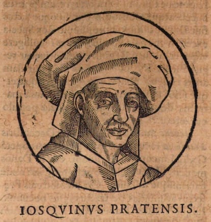 Grabado de Josquin contenido en 'Opus chronographicum orbis universi', de Petrus Opmeer (Amberes, 1611), basado en un retrato perdido del compositor y única imagen fidedigna que nos ha llegado de su posible aspecto físico.