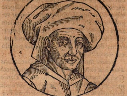 Grabado de Josquin contenido en 'Opus chronographicum orbis universi', de Petrus Opmeer (Amberes, 1611), basado en un retrato perdido del compositor y única imagen fidedigna que nos ha llegado de su posible aspecto físico.