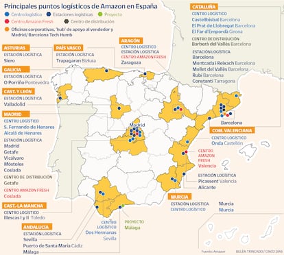 Principales puntos logísticos de Amazon en España