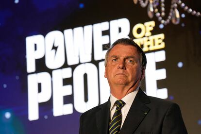 Brazil's right wing former President Jair Bolsonaro speaks at an event hosted by conservative group Turning Point USA, at Trump National Doral Miami, Friday, Feb. 3, 2023.