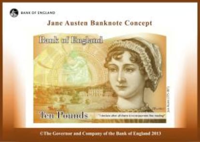 Imagen facilitada por el Banco de Inglaterra, del nuevo billete de 10 libras, que ha sido presentado hoy, en el que aparece el rostro de la novelista británica Jane Austen, en Londres, Reino Unido, hoy 24 de julio de 2013.