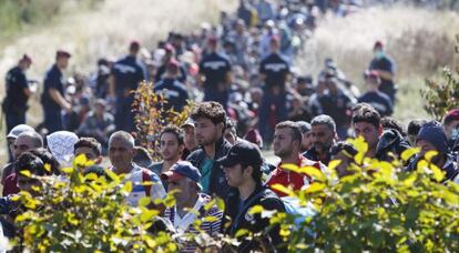 Polic&iacute;as h&uacute;ngaros vigilan a refugiados en la frontera con Croacia.