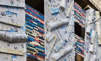 'Second Wave' (2019), fragmento de la instalación de El Anatsui en la fachada del Haus der Kunst.