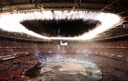 Fireworks explode at the Stade de France.