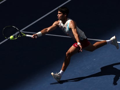 Spain's Carlos Alcaraz in action during his third round match against Britain's Daniel Evans.