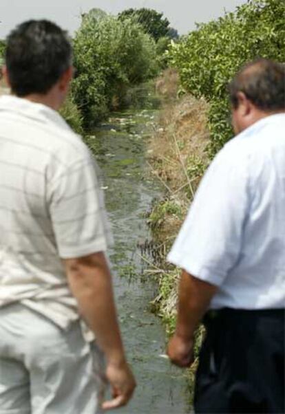 Dos agricultores murcianos contemplan un canal de regadío.