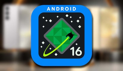 Logo de Android 16 de Google con fondo de teléfonos Samsung Galaxy