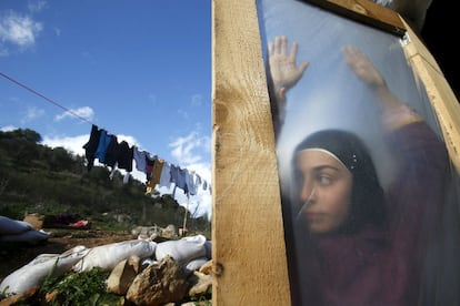 Uma refugiada síria por trás de uma porta em um acampamento improvisado em Ketermaya, ao sul de Beirute.