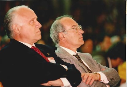 Xabier Arzalluz (izquierda) y Jos&eacute; Antonio Ardanza, en el acto del Aberri Eguna de 1995. 