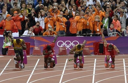 From left, Jamaica&#039;s Usain Bolt, United States&#039; Justin Gatlin, Jamaica&#039;s Yohan Blake and United States&#039; Tyson Gay start in the men&#039;s 100-meter final. 