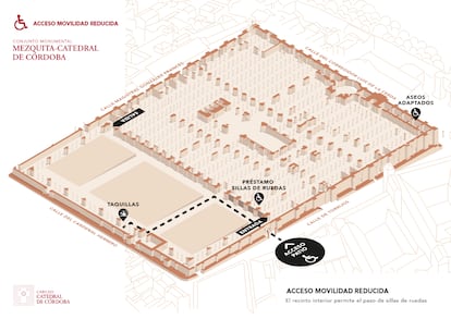 Plano de la Mezquita-catedral con la ubicación de los aseos donde se ha producido la fuga de agua. / WWW.MEZQUITA-CATEDRAL.ES
