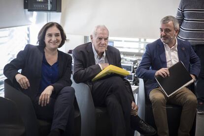 Ada Colau, Ernest Maragall i Jaume Collboni durant el debat electoral del 20 de maig.