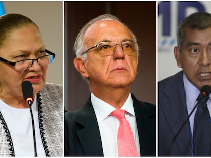 La fiscal general de Guatemala, Consuelo Porras, el ministro de Defensa de Colombia, Iván Velasquez y el fiscal guatemalteco, Rafael Curruchiche.