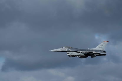 This image released by the US Department of Defense shows a US Air Force F-16 Fighting Falcons departing Spangdahlem Air Base, Germany, on February 11, 2022.