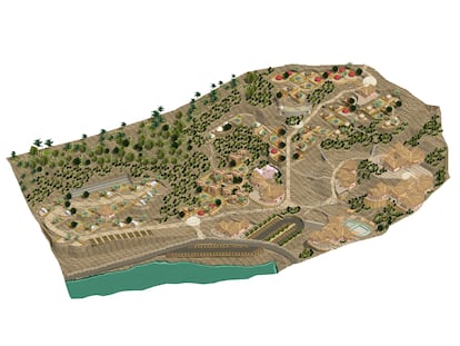 Anida Camping. Proyecto de glamping ubicado en el acceso al Caminito del Rey de Álora, Málaga. Infografía axonométrica del conjunto.