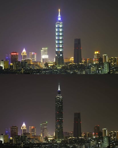 Esta composición muestra el edificio Taipei 101 con luces encendidas y luces apagadas durante la Hora del Planeta en Taipei, Taiwán,