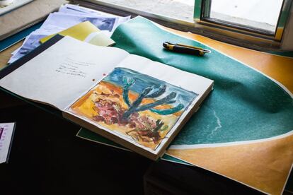 Uma aquarela da viagem mais recente que o artista fez para o Piauí