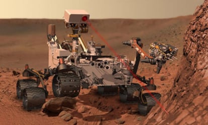 Ilustración del vehículo <i>Curiosity</i> en la superficie de Marte.