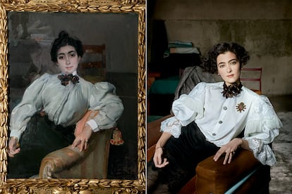 A la izquierda, Retrato de Isabel Herraud de Fernández Corella, 1898, Colección Gerstenmaier. La modelo lleva blusa y falda de DOLCE & GABBANA, medias de CALZEDONIA, pendientes de LÓPEZ LINARES, anillo y pulseras de GRASSY y flor en el cuello de MARIANA BARTUREN. Sillón LC3 Exemplaire Personnel de CHARLOTTE PERRIAND en CASSINA; alfombra Waza plateada de BO CONCEPT; al fondo, silla Superleggera de GIO PONTI,
en CASSINA, y terciopelos
de GASTÓN Y DANIELA.
Modelo: Mar González (Uno Models). Maquillaje y peluquería: Ricardo Calero para Chanel y Bumble and Bumble.