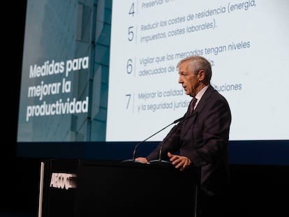 Javier Campo, presidente de Aecoc, durante su intervención en el congreso anual de la empresas de gran consumo, este miércoles en Zaragoza.