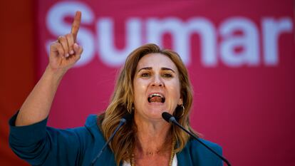 La cabeza de lista de Sumar al Parlamento Europeo, Estrella Galán, el día 8 en su mitin de cierre de campaña, en Valencia.