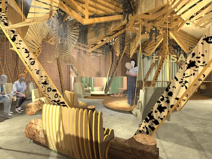 Render del montaje interactivo 'Connective Nature', de Izaskun Chinchilla Architects para FINSA, que ofrece al visitante la inmersión en la experiencia de un oasis urbano.