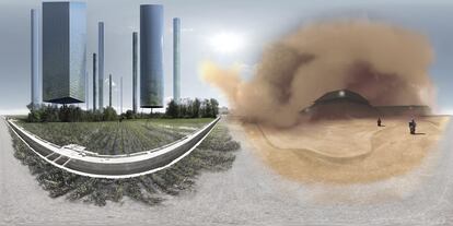 Para ‘València 360’, el estudio de diseño Ex Figura imaginó en ‘L’Horta Tomorrow’ el futuro de este espacio de producción alimentaria local, reinventando su estructura con edificios de cultivo en altura (a la izquierda) o planteando un escenario marcado por la desertificación (a la derecha). Foto: Ex Figura