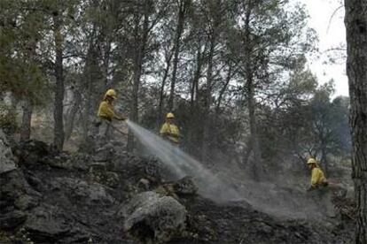 Miembros del Infoca trabajaban ayer en un zona de Pegalajar afectada por un incendio originado por la tormenta seca del martes.