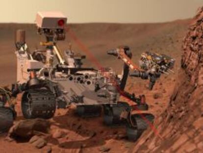 Ilustración del vehículo Curiosity en la superficie de Marte.