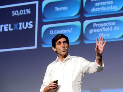 El presidente ejecutivo del Grupo Telefónica, José María Álvarez-Pallete, durante la rueda de prensa ofrecida este miércoles. 