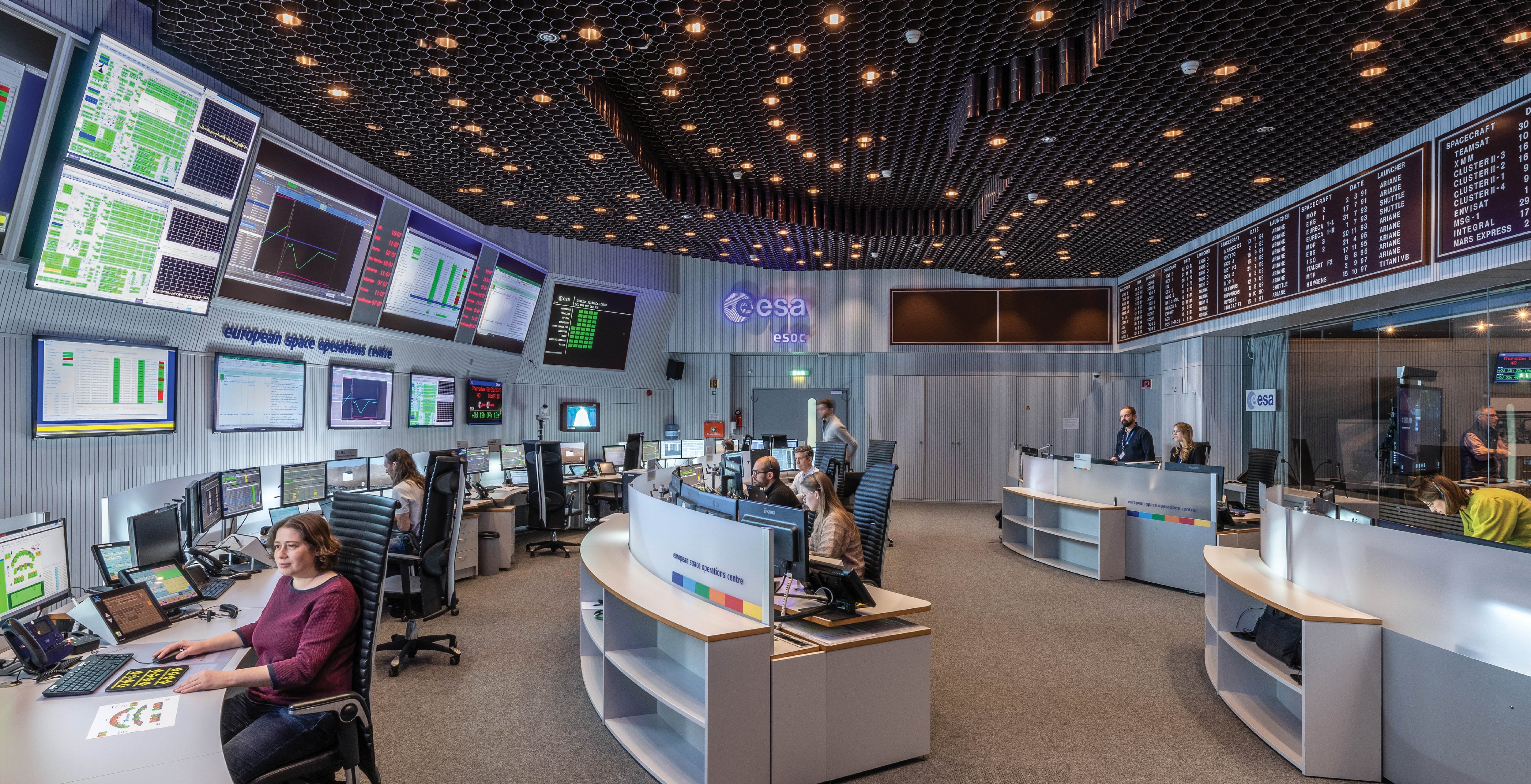 Sala de control del Centro Europeo de Operaciones Espaciales de la Agencia Espacial Europea en Alemania. 