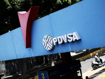 A state oil company PDVSA logo at a gas station in Caracas.